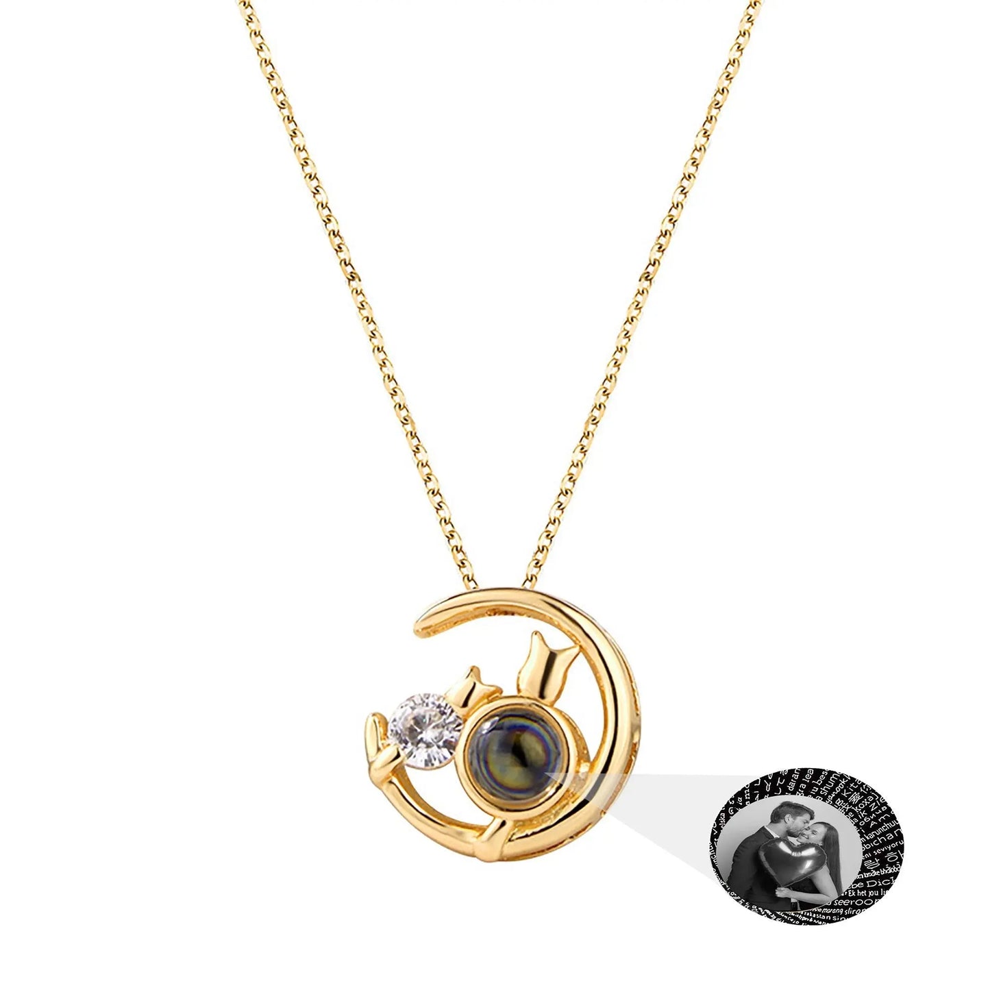 Moon Cat with customizable photos Projection Necklace Pendant Jewelry - Blade & Thread