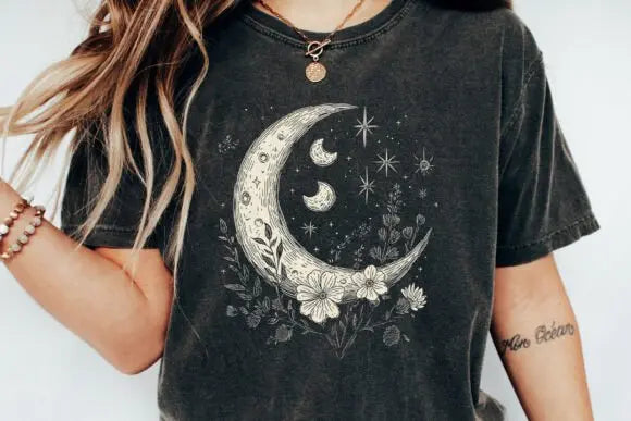 Moons and Stars Boho Flowers Vintage Unisex Bamboo/Cotton Graphic T-Shirt - Blade & Thread