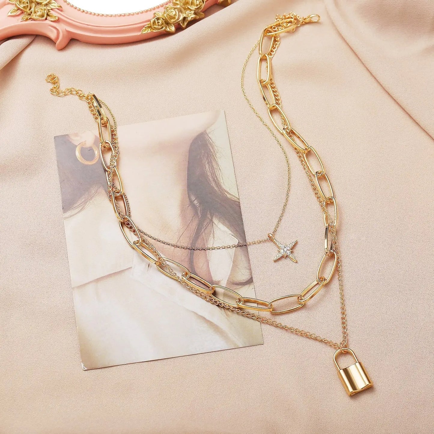 Multi Layer Lock Portrait Pendants Necklaces For Women Gold Metal Key Heart Necklace - Blade & Thread