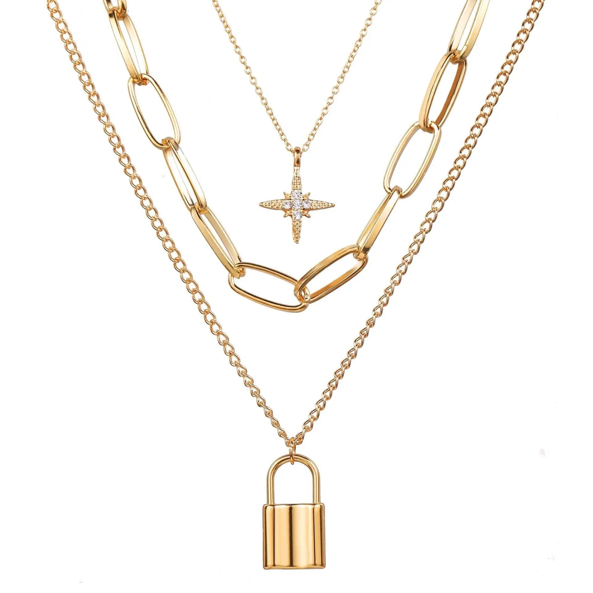 Multi Layer Lock Portrait Pendants Necklaces For Women Gold Metal Key Heart Necklace nowadaysfashion