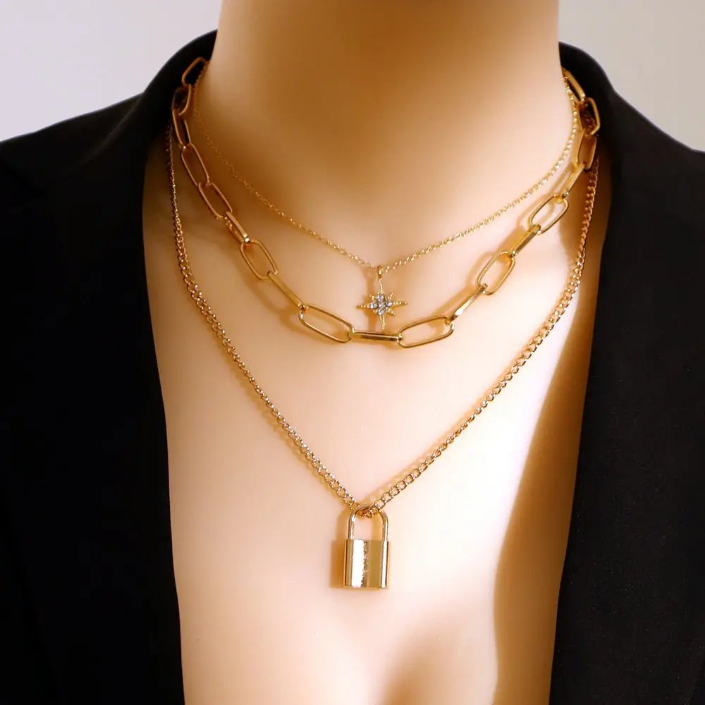 Multi Layer Lock Portrait Pendants Necklaces For Women Gold Metal Key Heart Necklace - Blade & Thread