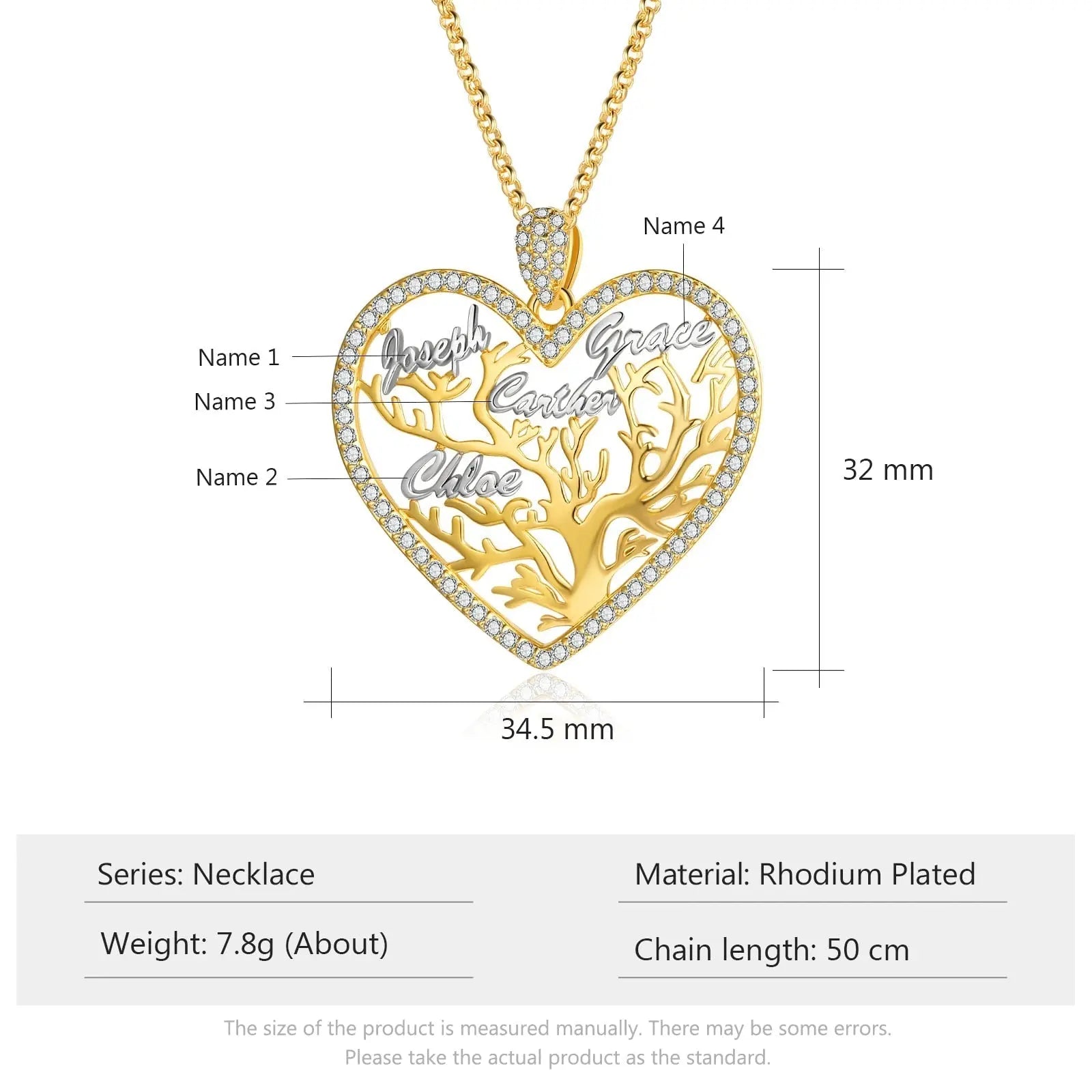 Multi-name Mixed Color Heart Necklace Family Tree of Life Nameplate Pendant nowadaysfashion