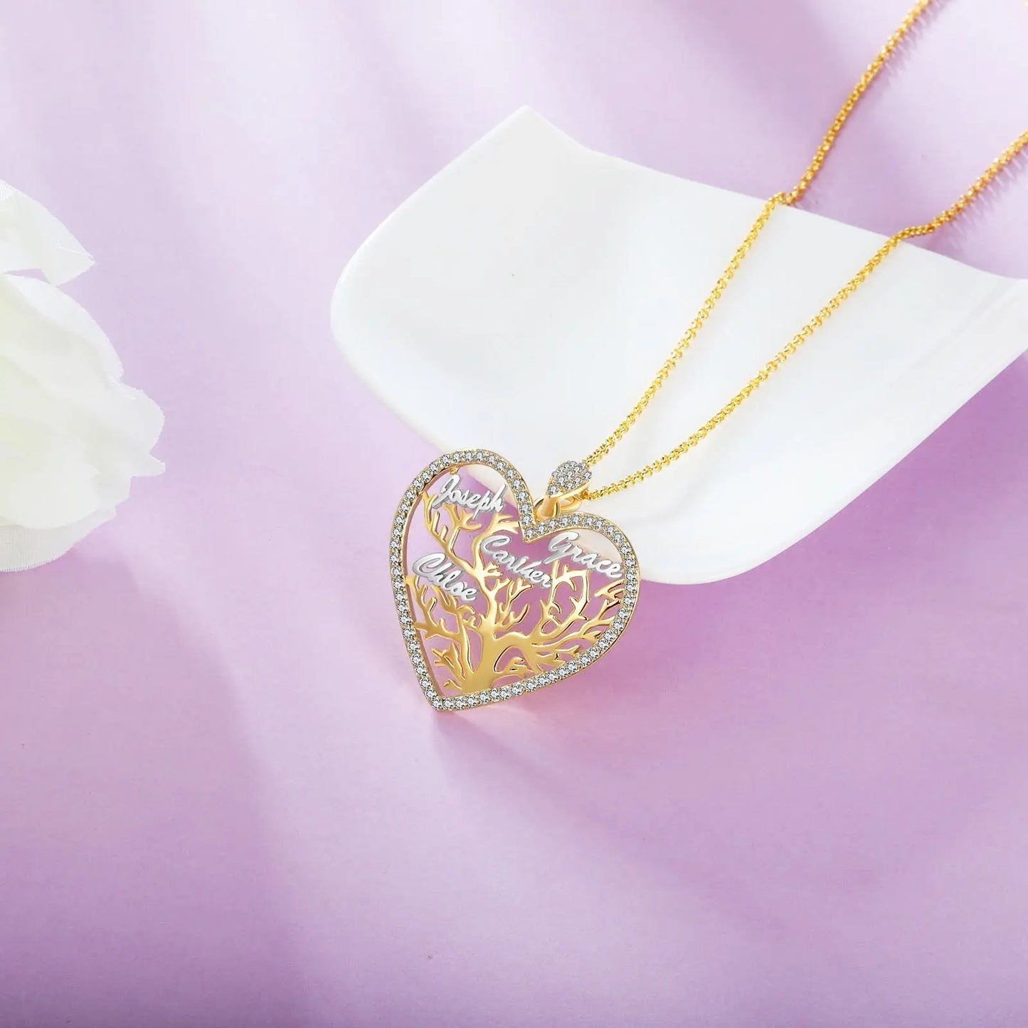 Multi-name Mixed Color Heart Necklace Family Tree of Life Nameplate Pendant - Blade & Thread