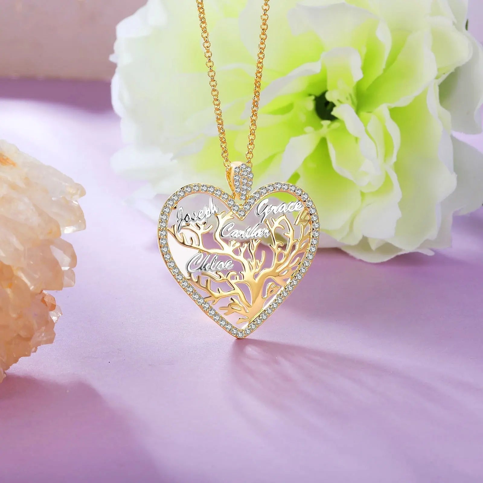 Multi-name Mixed Color Heart Necklace Family Tree of Life Nameplate Pendant - Blade & Thread