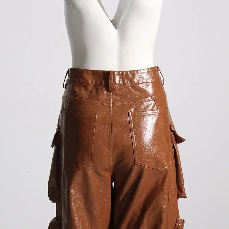 Multi-pocket overalls leather pants personality loose overalls - Blade & Thread