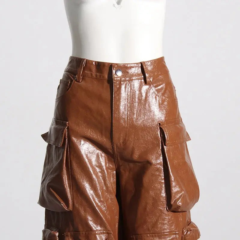 Multi-pocket overalls leather pants personality loose overalls nowadaysfashion