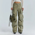 Multi-pocket overalls leather pants personality loose overalls nowadaysfashion