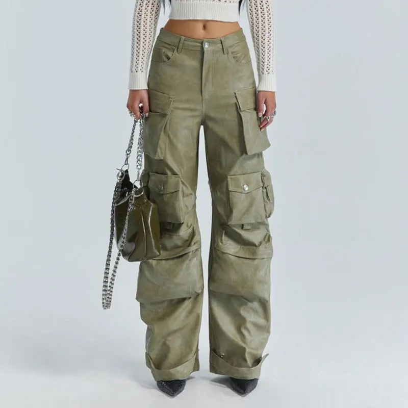Multi-pocket overalls leather pants personality loose overalls nowadaysfashion