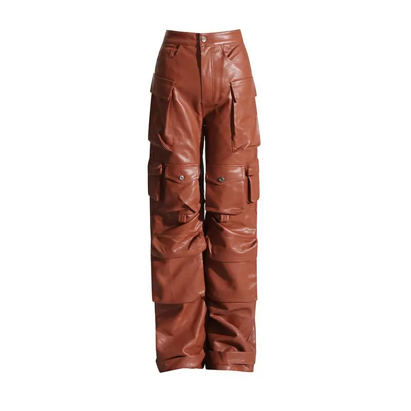 Multi-pocket overalls leather pants personality loose overalls nowadaysfashion