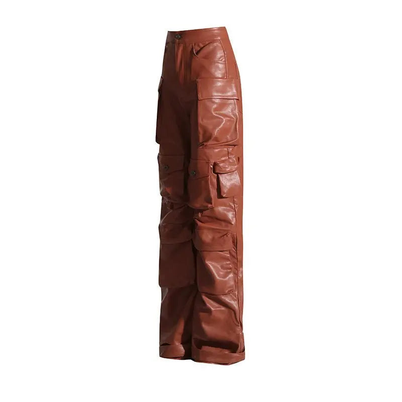 Multi-pocket overalls leather pants personality loose overalls - Blade & Thread