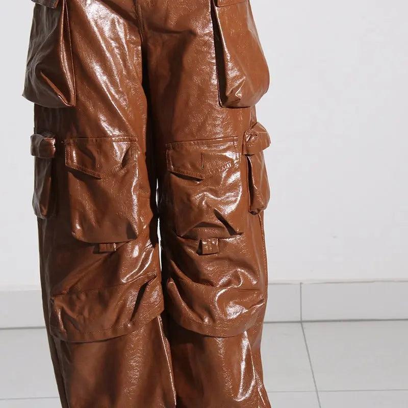 Multi-pocket overalls leather pants personality loose overalls nowadaysfashion