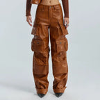 Multi-pocket overalls leather pants personality loose overalls nowadaysfashion