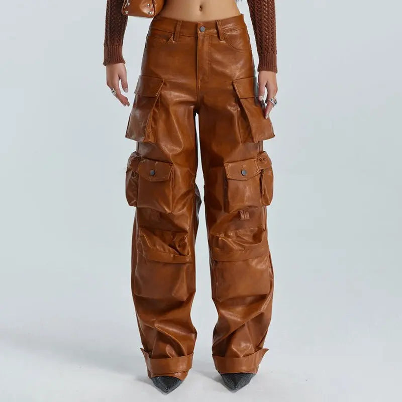 Multi-pocket overalls leather pants personality loose overalls nowadaysfashion