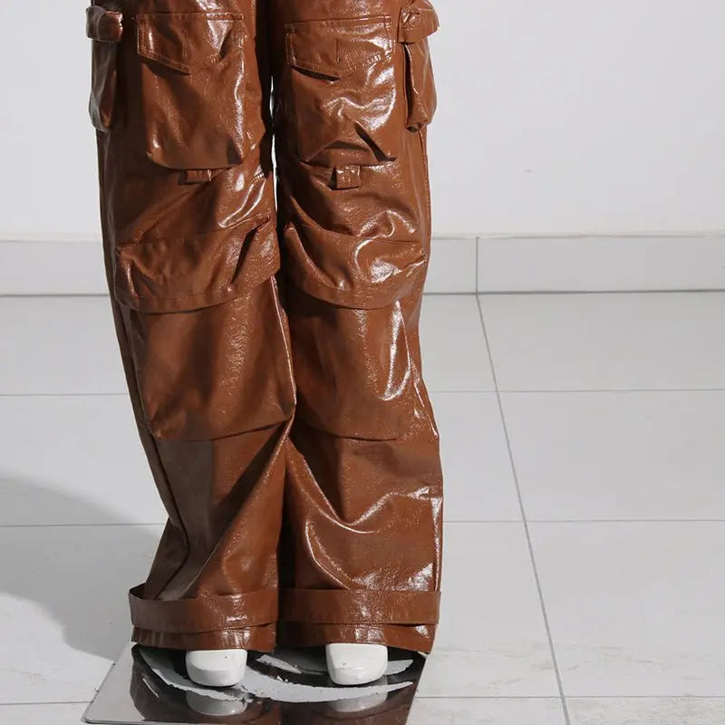Multi-pocket overalls leather pants personality loose overalls - Blade & Thread
