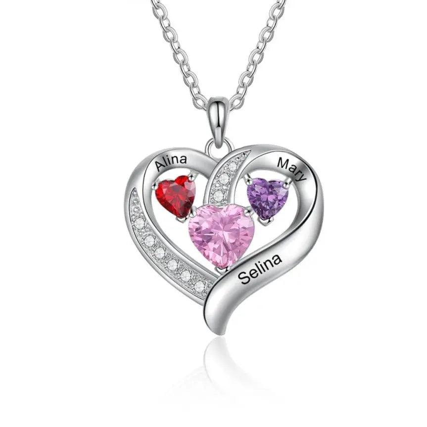 Name Engraved Heart Necklaces for Customized 3 Birthstone Necklace nowadaysfashion