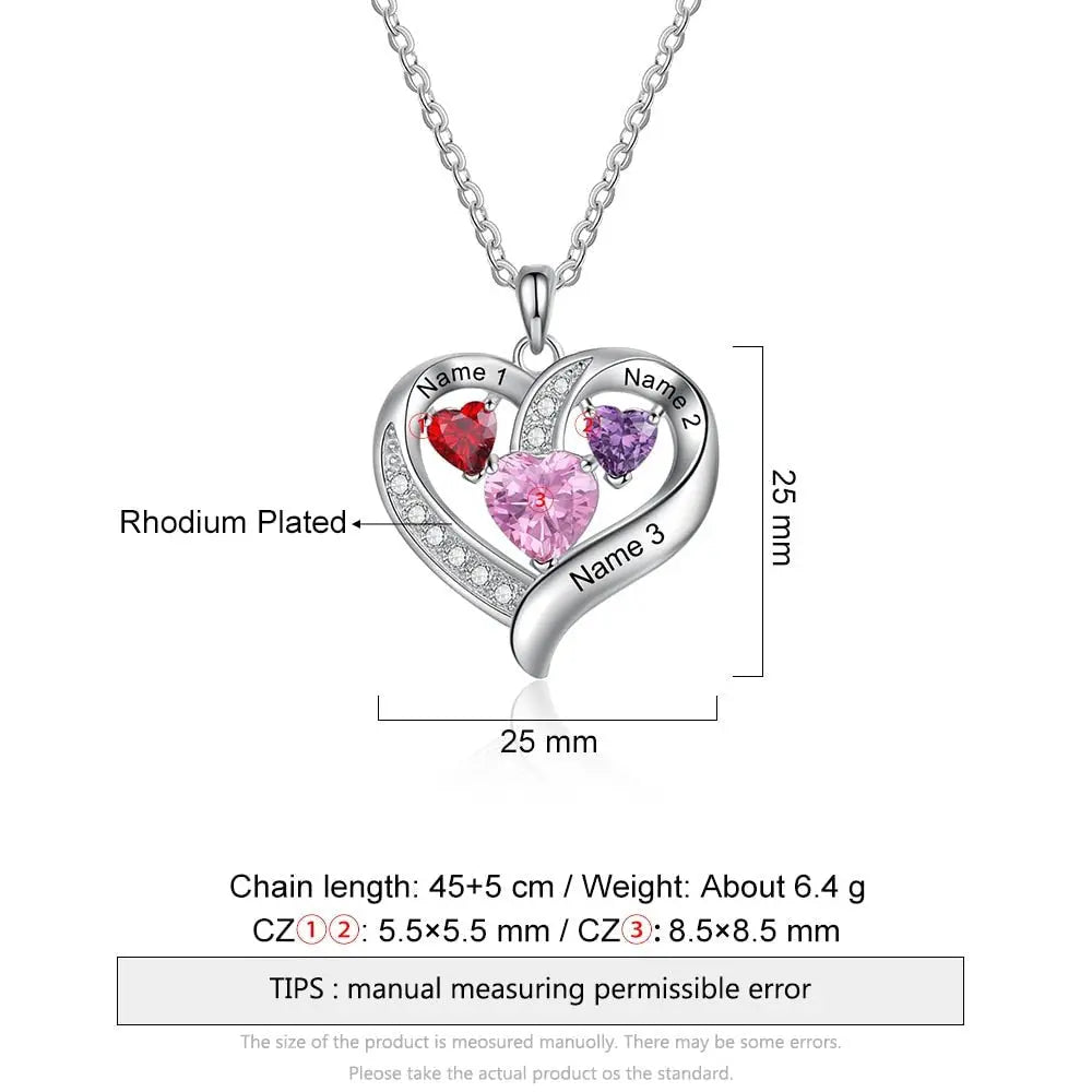 Name Engraved Heart Necklaces for Customized 3 Birthstone Necklace - Blade & Thread