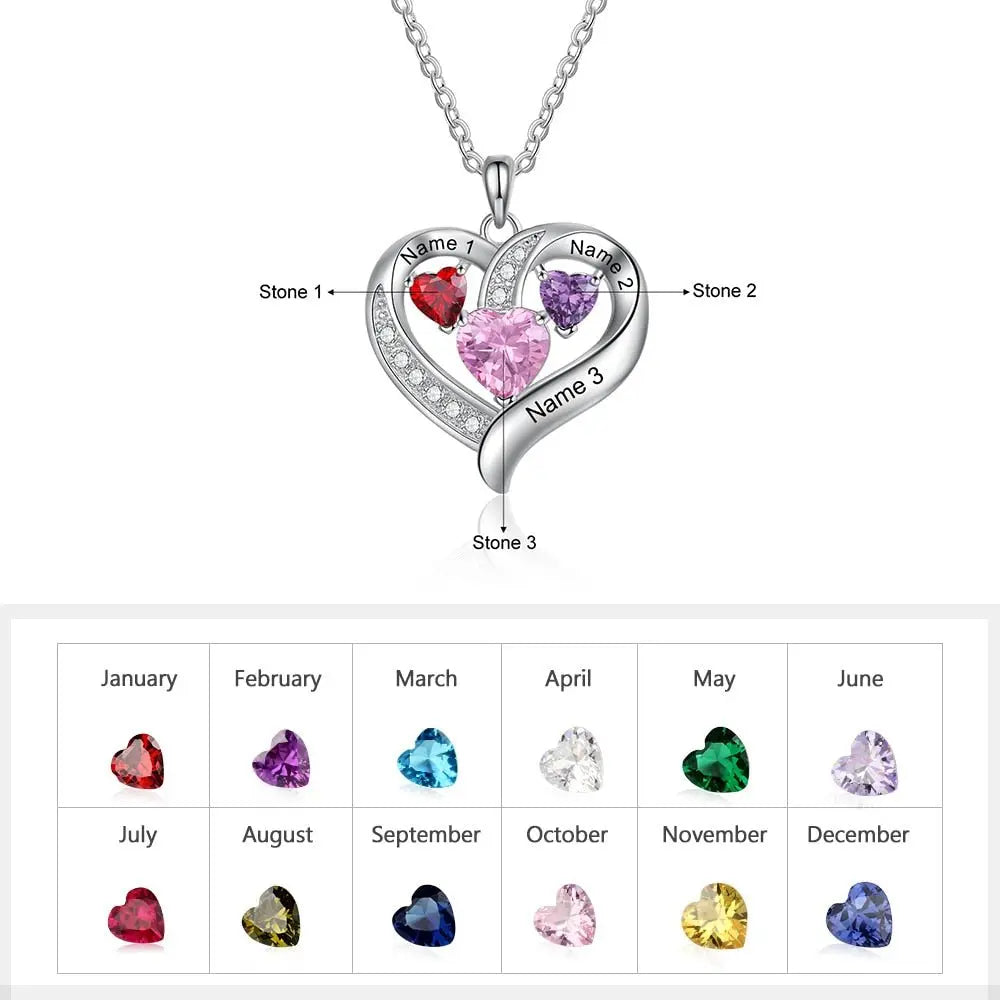 Name Engraved Heart Necklaces for Customized 3 Birthstone Necklace nowadaysfashion