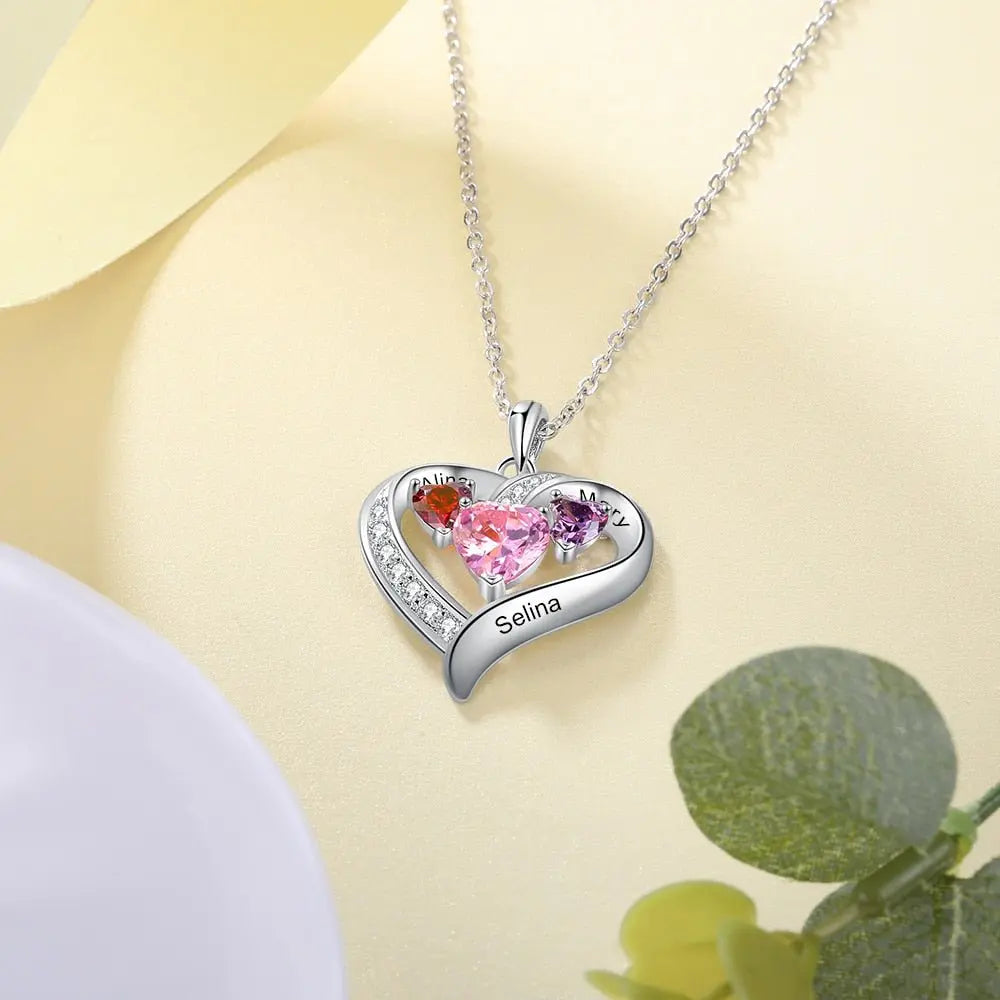 Name Engraved Heart Necklaces for Customized 3 Birthstone Necklace nowadaysfashion