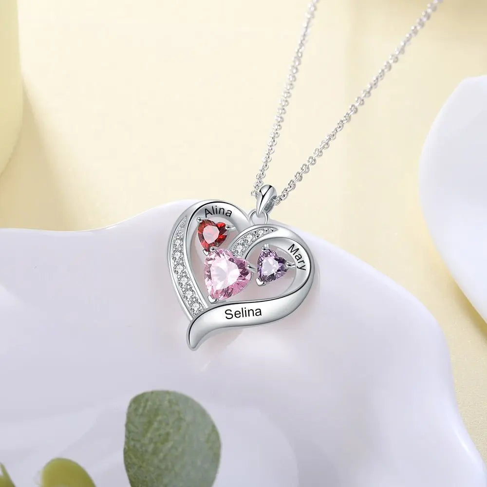 Name Engraved Heart Necklaces for Customized 3 Birthstone Necklace - Blade & Thread