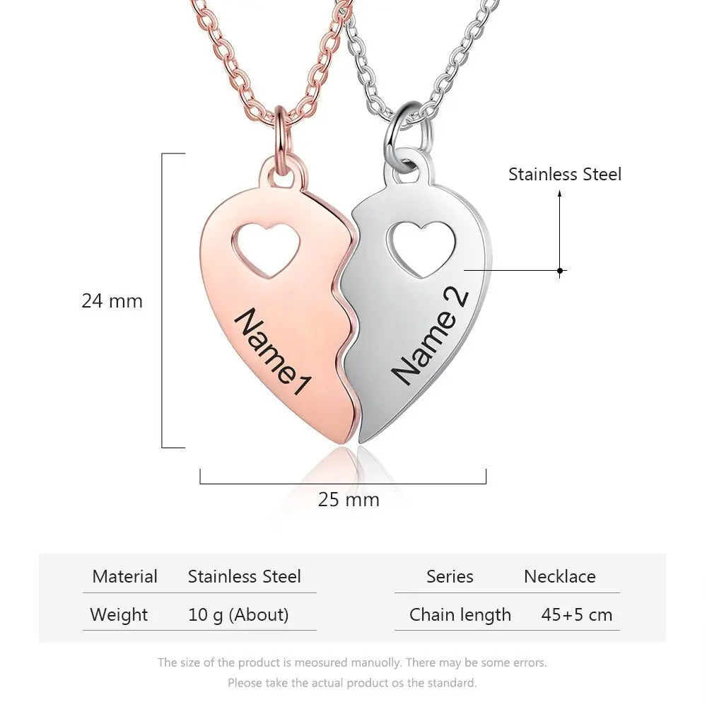 Name Engraving BFF Necklace Customized Rose Gold Silver Color Heart Couple Pendants - Blade & Thread