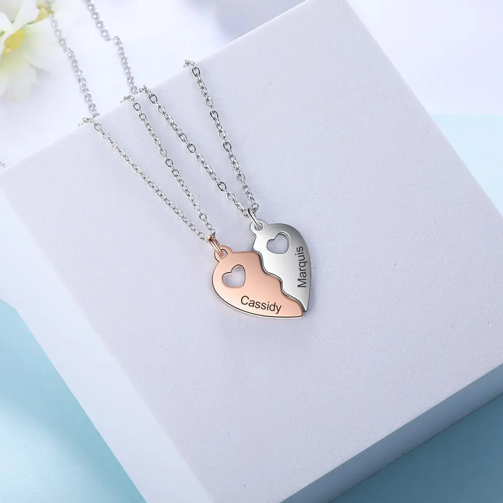 Name Engraving BFF Necklace Customized Rose Gold Silver Color Heart Couple Pendants - Blade & Thread