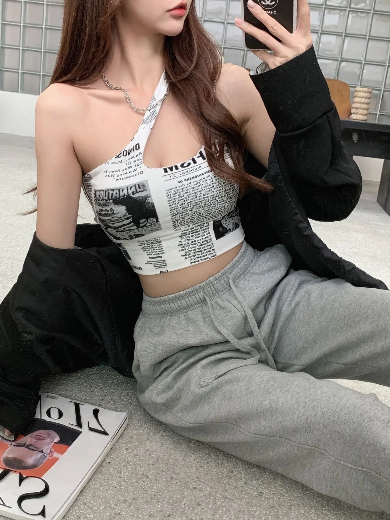 Newspaper Print Camisole Women Slanted Shoulder Hollow Sleeveless Tops Beautiful Back Woman - Blade & Thread