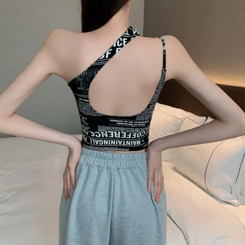 Newspaper Print Camisole Women Slanted Shoulder Hollow Sleeveless Tops Beautiful Back Woman - Blade & Thread