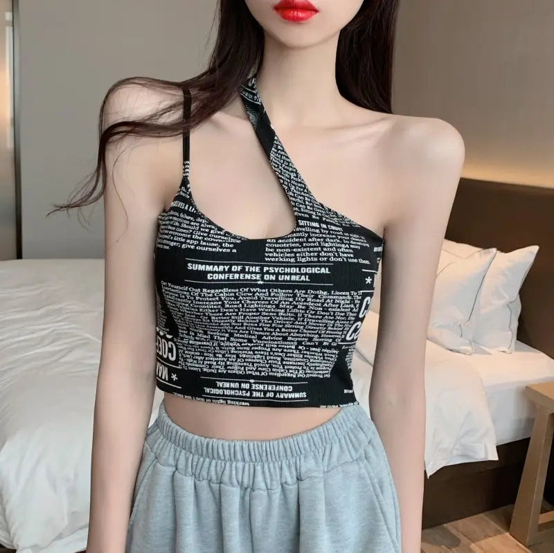 Newspaper Print Camisole Women Slanted Shoulder Hollow Sleeveless Tops Beautiful Back Woman - Blade & Thread