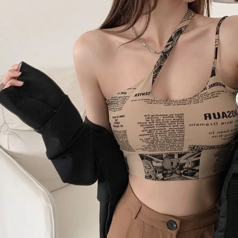Newspaper Print Camisole Women Slanted Shoulder Hollow Sleeveless Tops Beautiful Back Woman - Blade & Thread