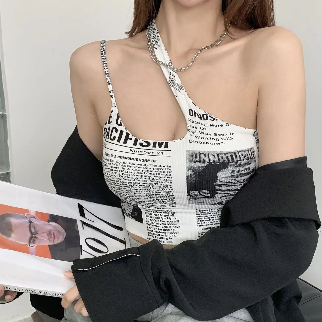 Newspaper Print Camisole Women Slanted Shoulder Hollow Sleeveless Tops Beautiful Back Woman - Blade & Thread
