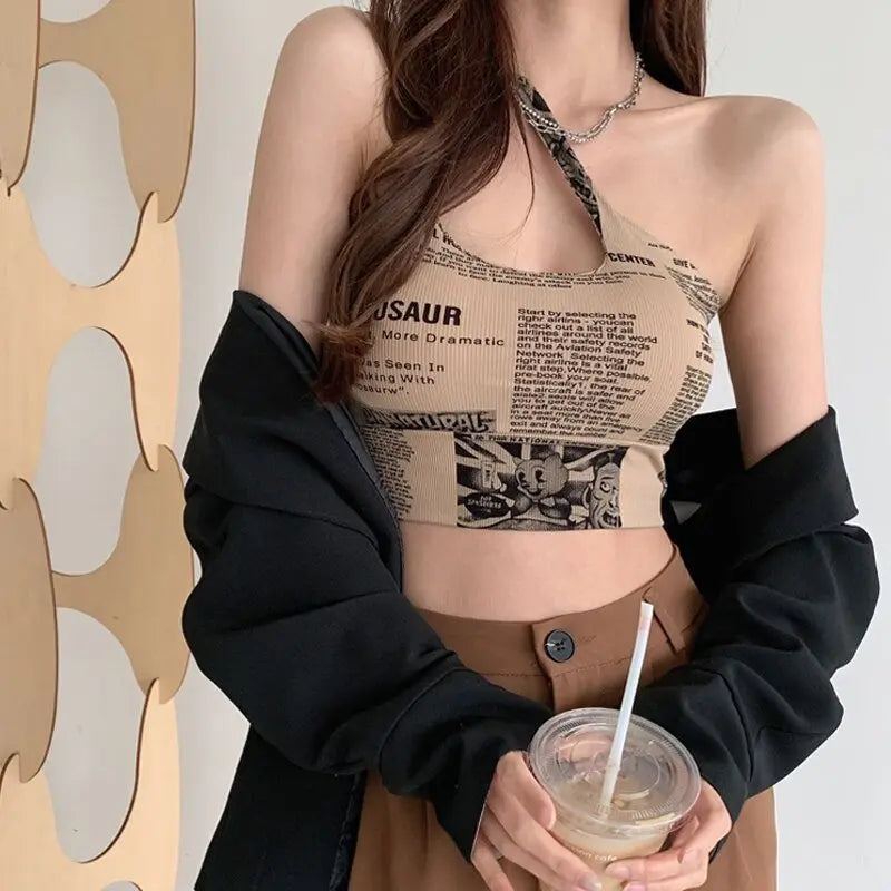 Newspaper Print Camisole Women Slanted Shoulder Hollow Sleeveless Tops Beautiful Back Woman - Blade & Thread