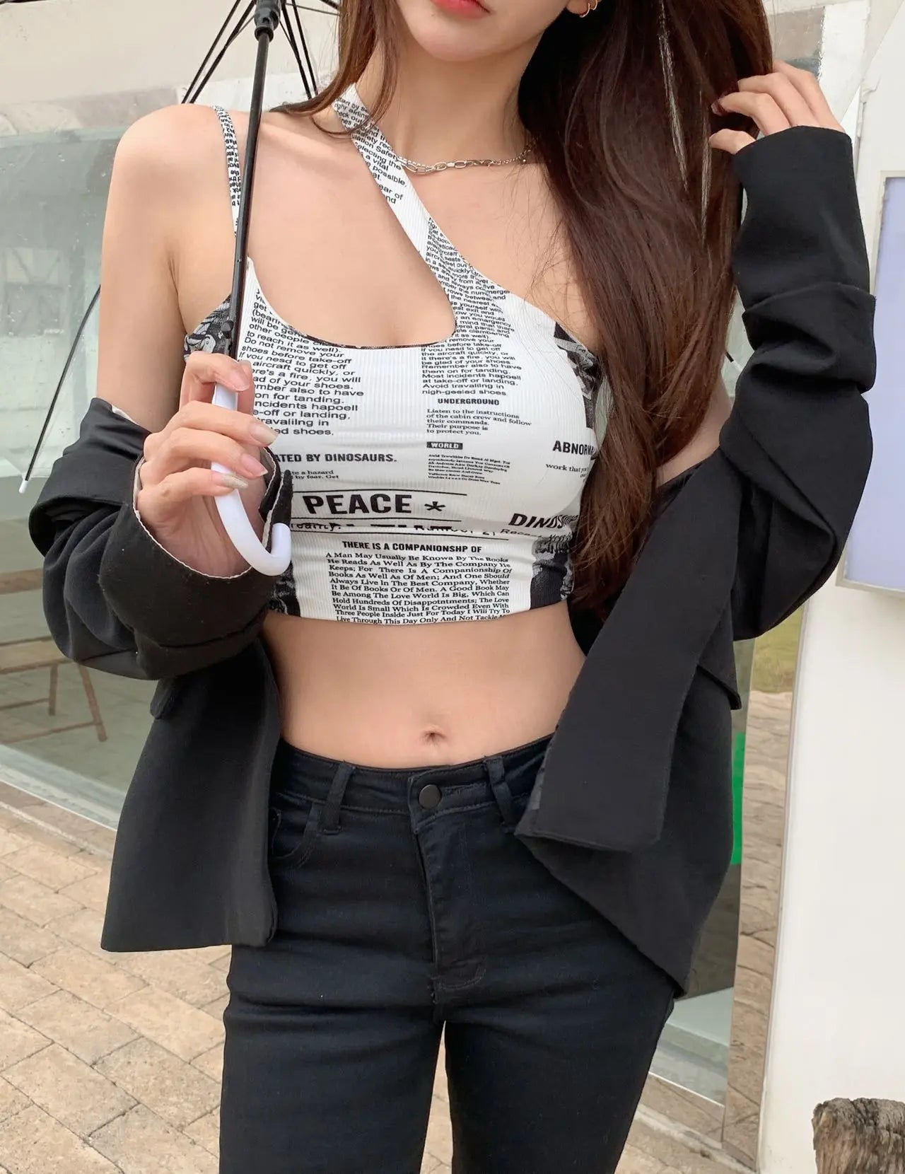 Newspaper Print Camisole Women Slanted Shoulder Hollow Sleeveless Tops Beautiful Back Woman - Blade & Thread