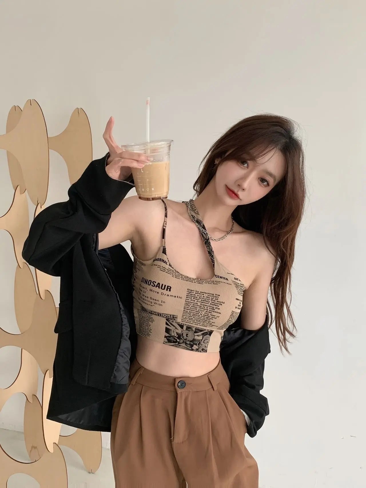 Newspaper Print Camisole Women Slanted Shoulder Hollow Sleeveless Tops Beautiful Back Woman - Blade & Thread