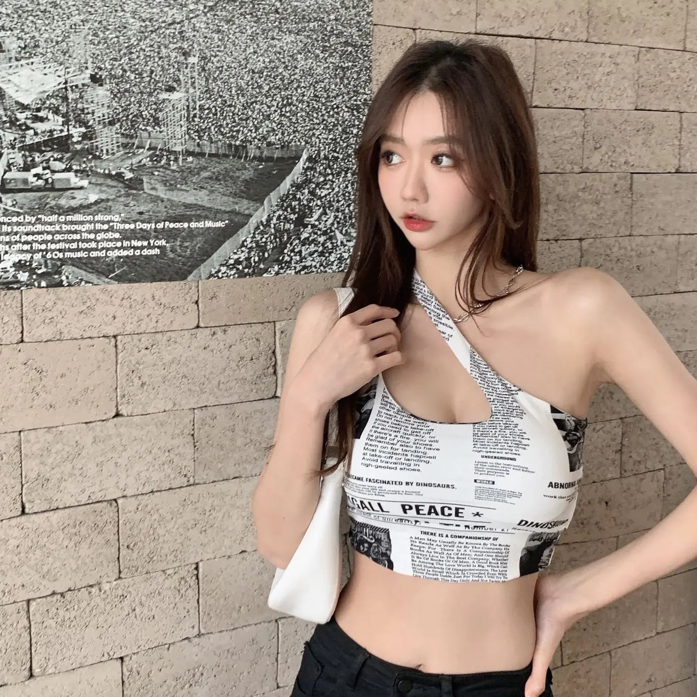 Newspaper Print Camisole Women Slanted Shoulder Hollow Sleeveless Tops Beautiful Back Woman - Blade & Thread