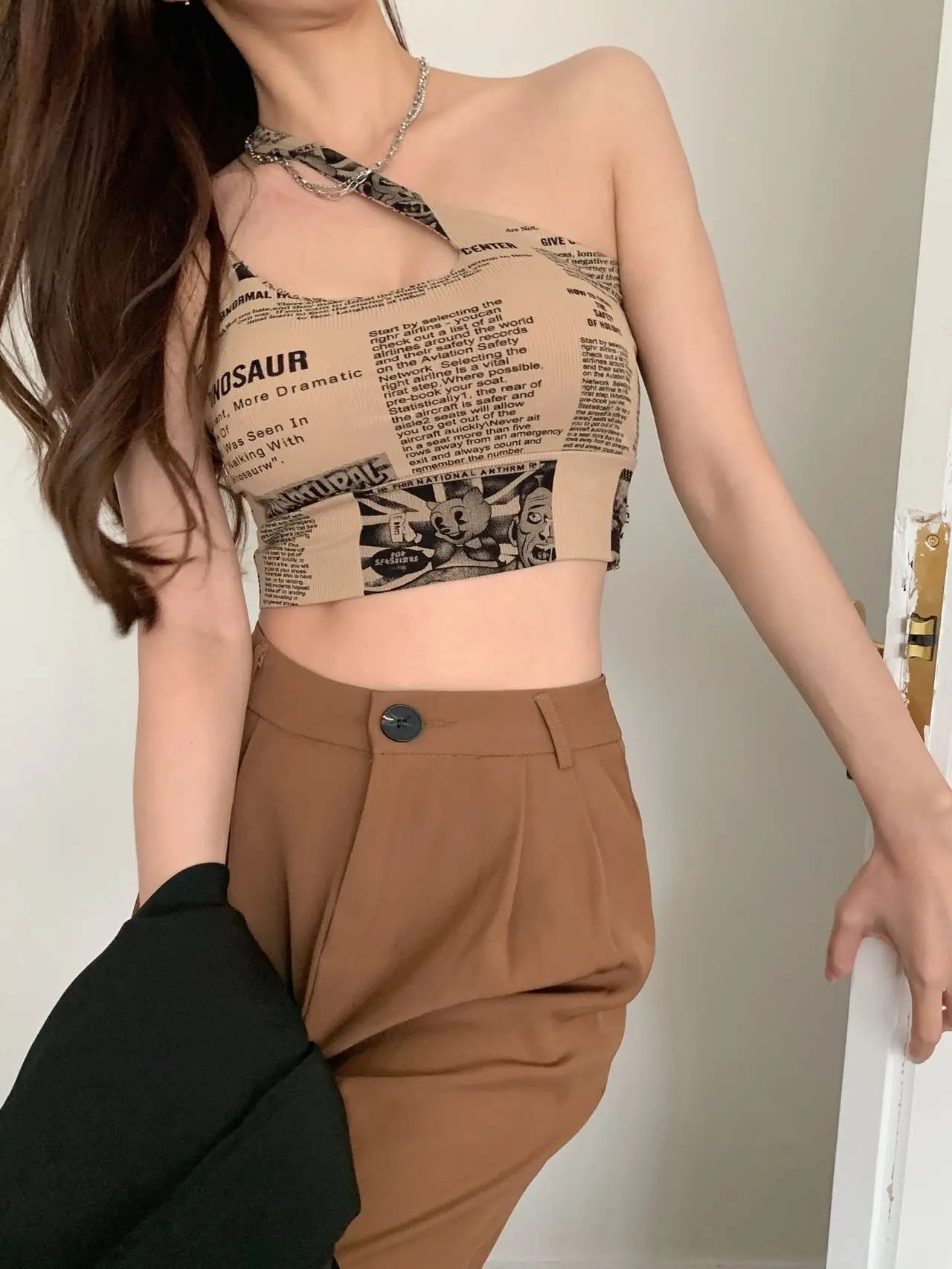 Newspaper Print Camisole Women Slanted Shoulder Hollow Sleeveless Tops Beautiful Back Woman - Blade & Thread