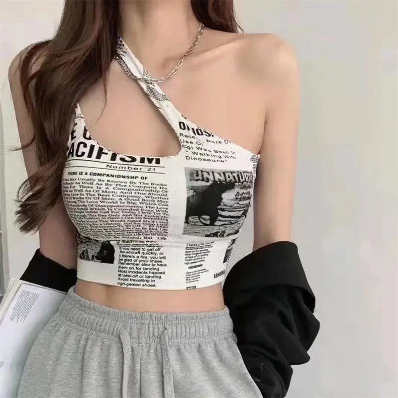 Newspaper Print Camisole Women Slanted Shoulder Hollow Sleeveless Tops Beautiful Back Woman - Blade & Thread