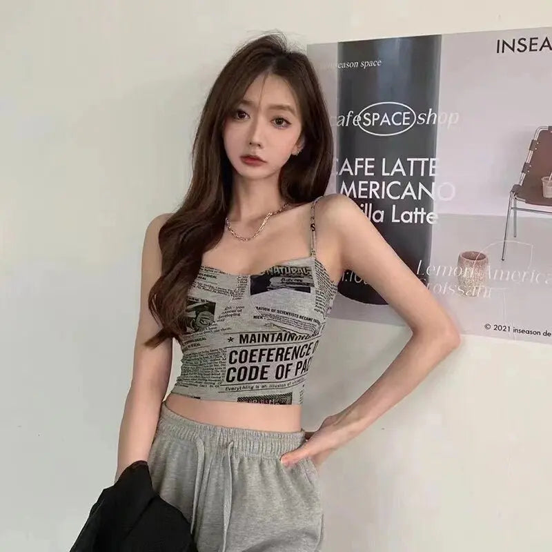 Newspaper Print Camisole Women Slanted Shoulder Hollow Sleeveless Tops Beautiful Back Woman - Blade & Thread