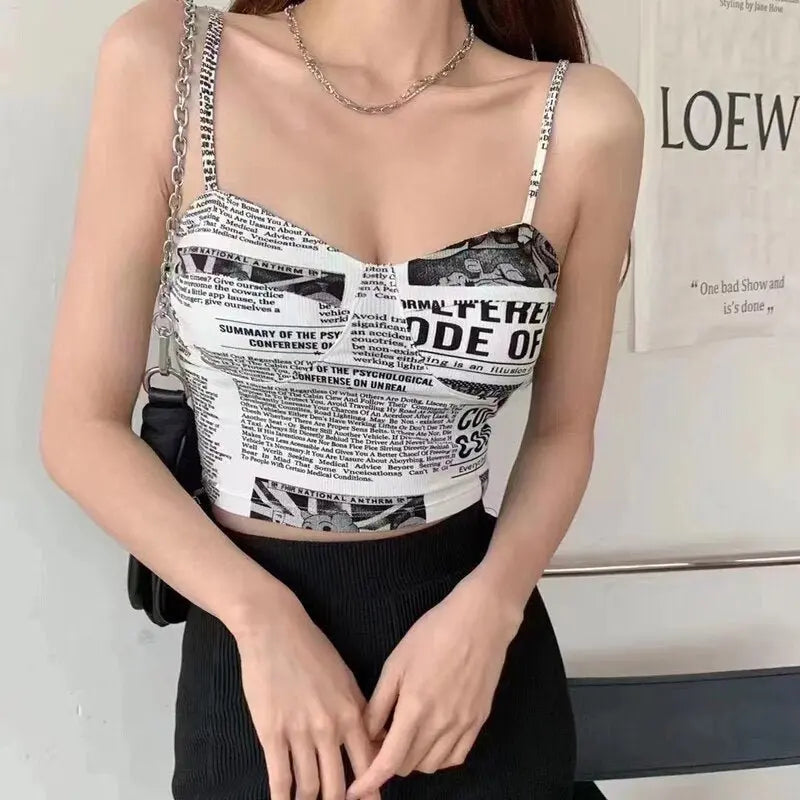 Newspaper Print Camisole Women Slanted Shoulder Hollow Sleeveless Tops Beautiful Back Woman - Blade & Thread