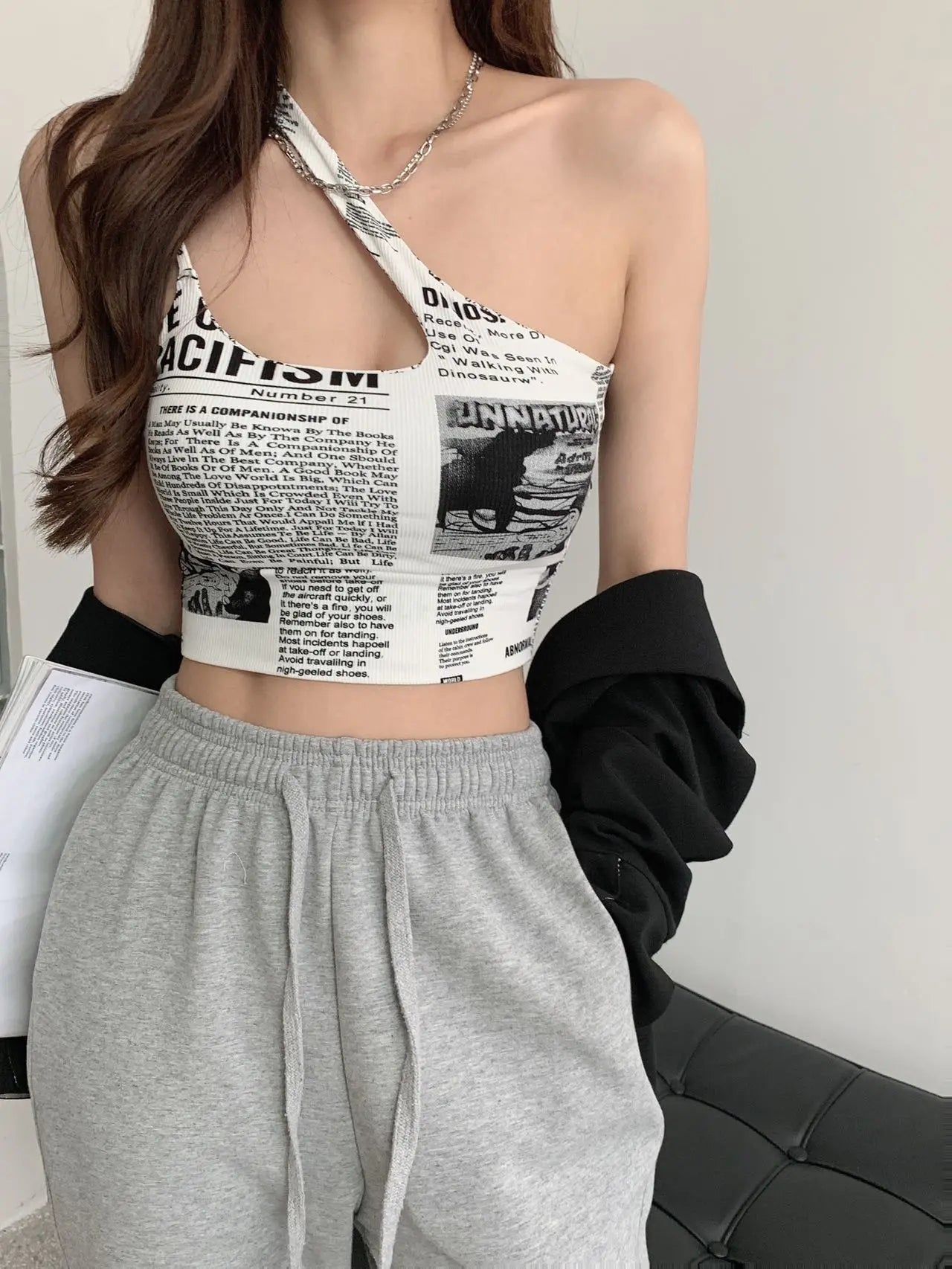Newspaper Print Camisole Women Slanted Shoulder Hollow Sleeveless Tops Beautiful Back Woman - Blade & Thread