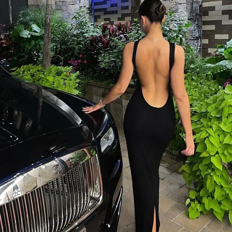 O-neck Backless Evening Dresses Women Hollow Out Sleeveless Split Bodycon Party Dress - Blade & Thread