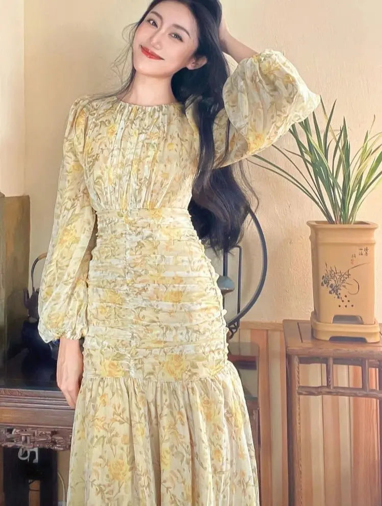 O-neck Floral Print Dress Slim Waist Female A-line Dress Spring Autumn Chiffon - Blade & Thread
