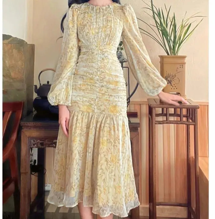 O-neck Floral Print Dress Slim Waist Female A-line Dress Spring Autumn Chiffon - Blade & Thread