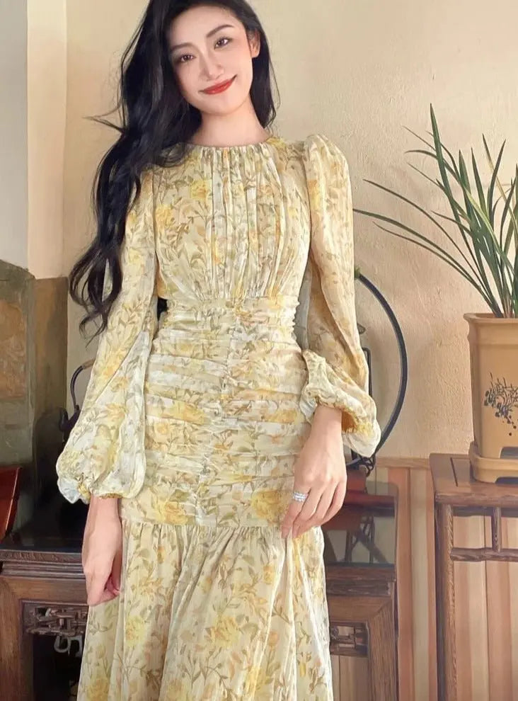 O-neck Floral Print Dress Slim Waist Female A-line Dress Spring Autumn Chiffon - Blade & Thread