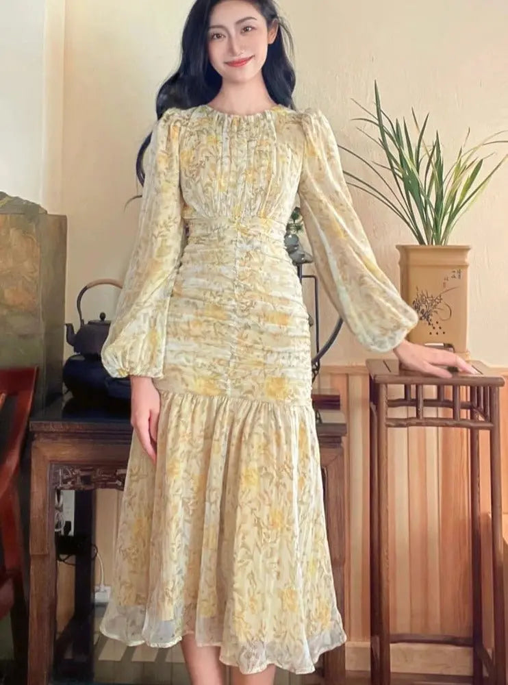 O-neck Floral Print Dress Slim Waist Female A-line Dress Spring Autumn Chiffon - Blade & Thread