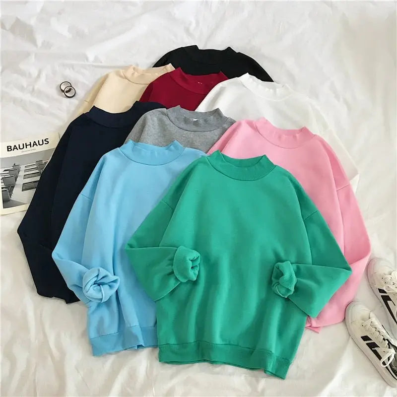 O-neck Hoodies Women Winter Autumn Pullover Sweatshirt Female Pure Color Loose Tracksuit - Blade & Thread