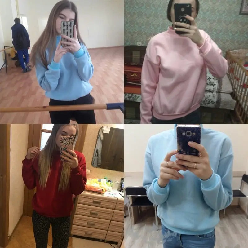 O-neck Hoodies Women Winter Autumn Pullover Sweatshirt Female Pure Color Loose Tracksuit - Blade & Thread