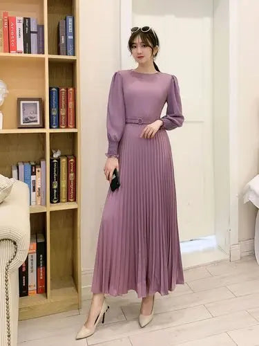 O-neck Long Sleeve A-line Dress Office Lady Pleated Maxi Dress - Blade & Thread