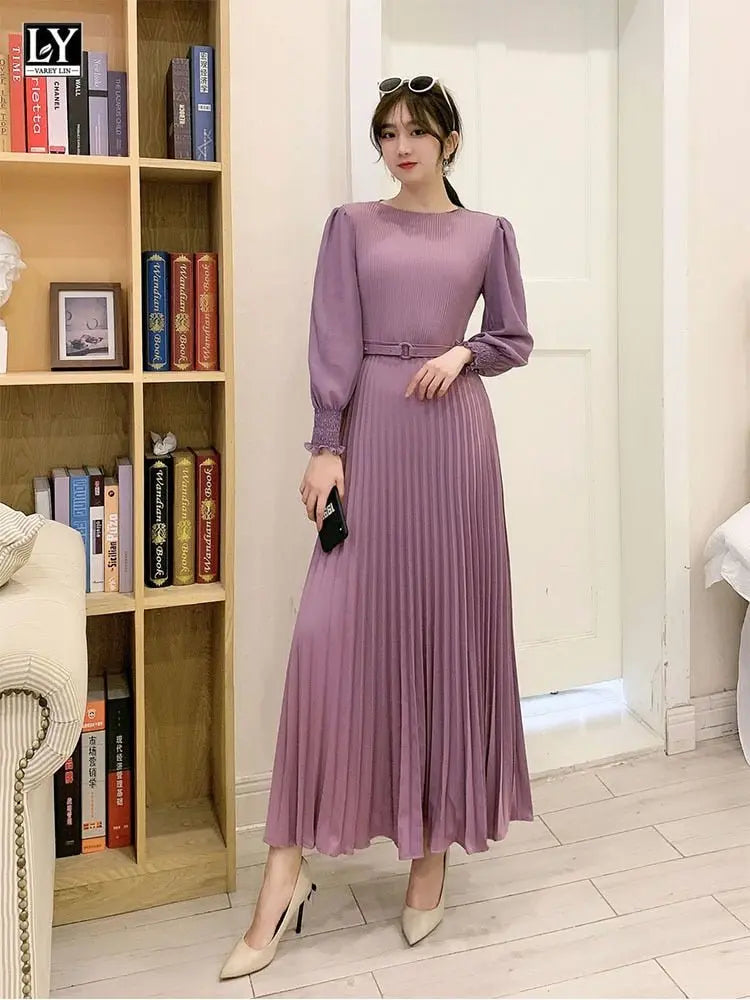 O-neck Long Sleeve A-line Dress Office Lady Pleated Maxi Dress - Blade & Thread