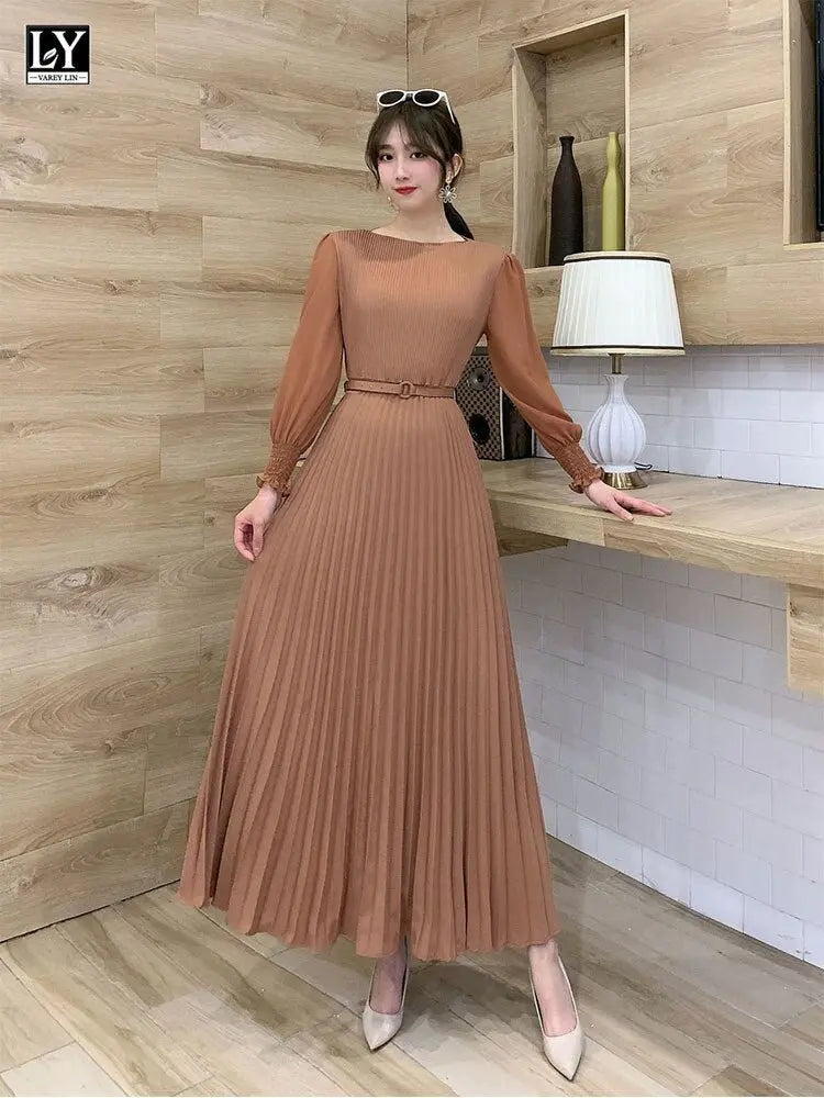 O-neck Long Sleeve A-line Dress Office Lady Pleated Maxi Dress - Blade & Thread