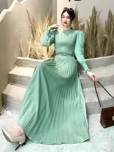 O-neck Long Sleeve A-line Dress Office Lady Pleated Maxi Dress - Blade & Thread